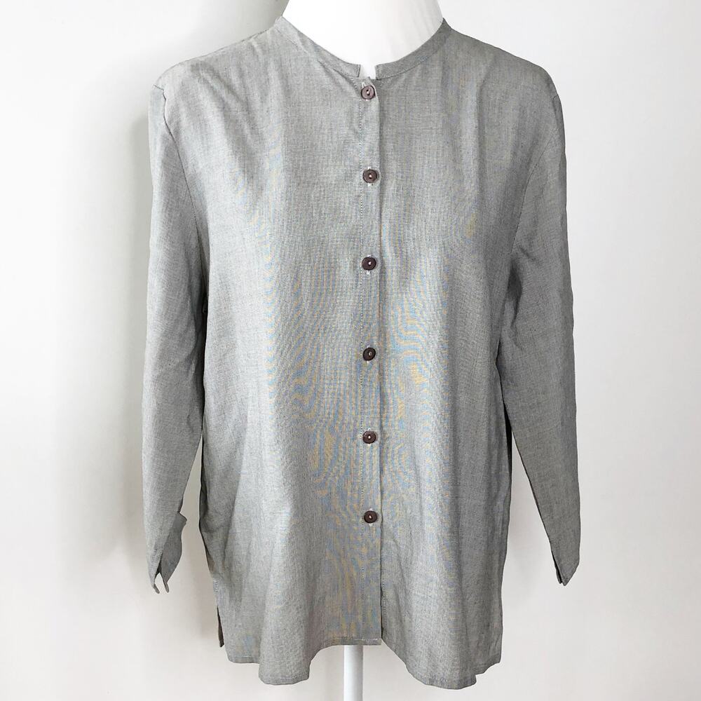 Sangam Top Size Medium Grey  Lagenlook Mandarin Collar Button Front